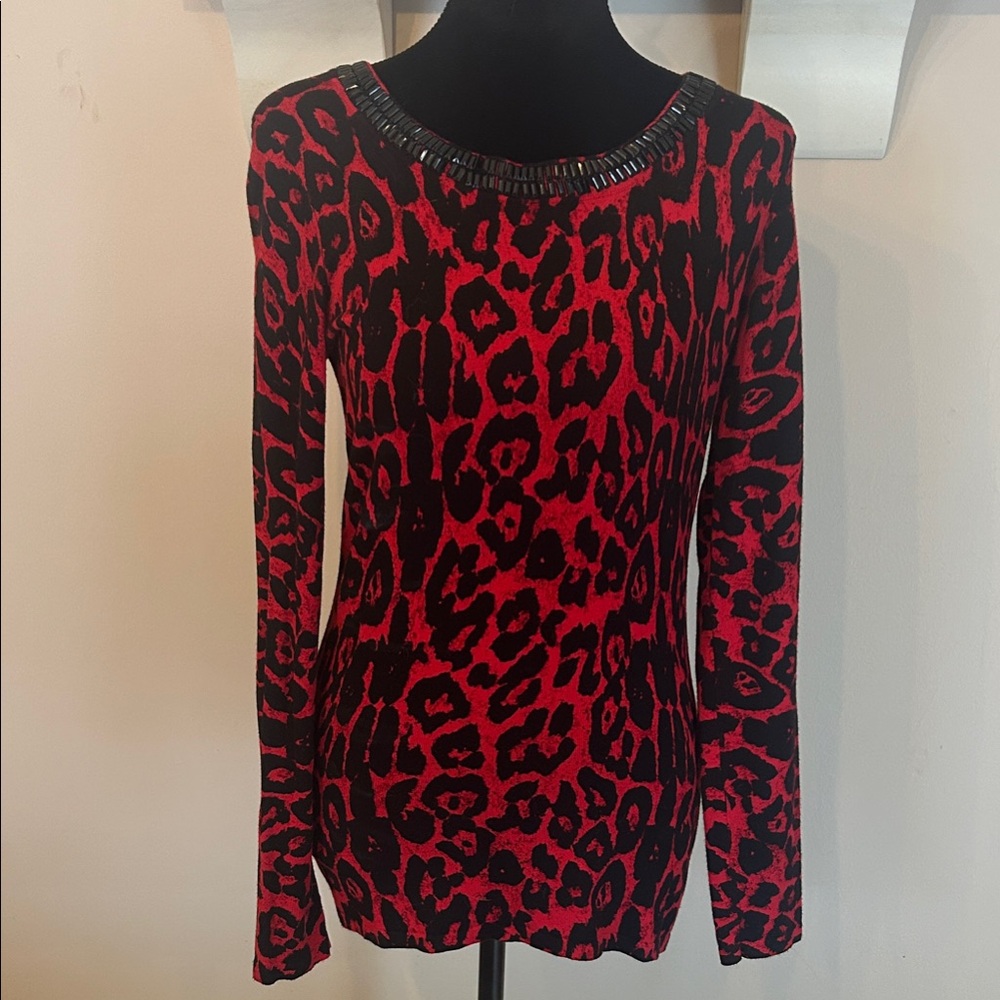 Women's Red and Black Leopard Print Long Sleeve Top with Embellished Neckline